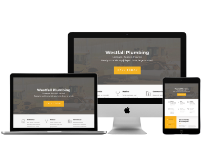 Image of the Westfall Plumbing website homepage on a desktop, tablet and mobile phone.